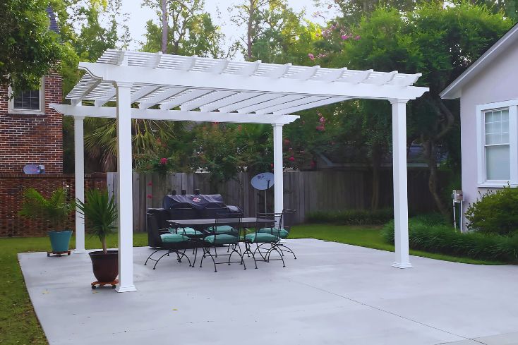 white 16x16 pergola on patio with furniture