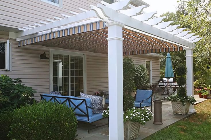 Pergola details with white structure with canopy